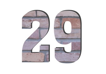 29 Number. Decorative red brick wall texture. English style. White isolated