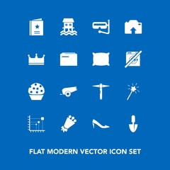 Modern, simple vector icon set on blue background with king, photo, water, data, food, crown, wand, business, female, gun, favour, summer, mask, pillow, shovel, cake, boat, hammer, diagram, sea icons