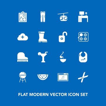 Modern, simple vector icon set on blue background with infant, pruning, barbecue, cloud, musical, rail, table, soup, image, add, meat, food, child, office, meal, watermelon, rattle, blue, music icons