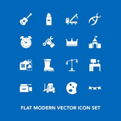 Modern, simple vector icon set on blue background with vehicle, fashion, truck, housework, bottle, leather, celebration, cargo, work, happy, tow, aroma, spray, music, business, table, white, law icons
