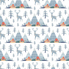 Obraz na płótnie Canvas Decorative seamless pattern in folk style with deer. Colorful vector background.