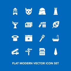 Modern, simple vector icon set on blue background with space, ufo, cooking, fashion, monster, direction, food, transport, glass, fiction, cap, save, summer, juice, file, celebration, sign, truck icons