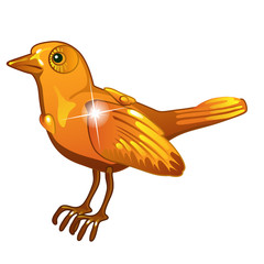 Shiny golden bird figurine. Decorative object of precious metal. Image in cartoon style. Vector illustration isolated on white background