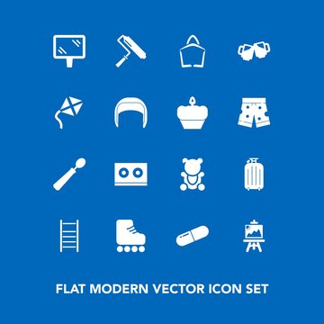 Modern, simple vector icon set on blue background with brush, tool, paint, medicine, artist, bag, music, art, banner, roll, spoon, skating, helmet, sign, cute, bar, drink, toy, roller, road, fun icons