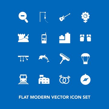 Modern, simple vector icon set on blue background with floral, wedding, diamond, north, phone, white, medical, air, guitar, tower, roller, nature, travel, medicine, wildlife, musical, spring icons