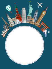 Naklejka premium Round travel background with worldwide sights and plane.