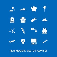 Modern, simple vector icon set on blue background with floral, hat, electric, molecule, flashlight, glass, food, music, sound, judge, barn, chef, safety, shine, nature, red, dentistry, law, lamp icons
