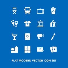 Modern, simple vector icon set on blue background with transportation, bear, recycle, bus, tv, waste, ball, sale, play, kid, bag, transport, wine, speaker, drink, clothing, baby, summer, , brush icons