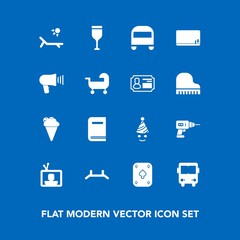 Modern, simple vector icon set on blue background with blank, sunny, transport, tv, television, alcohol, technology, ice, sweet, dessert, up, screen, drill, birthday, pull, chalk, glass, cream icons