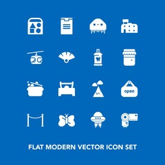 Modern, simple vector icon set on blue background with play, house, kitchen, sign, business, landscape, shop, food, alien, ball, camera, city, toy, car, cook, blue, vehicle, spaceship, butterfly icons