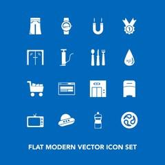 Modern, simple vector icon set on blue background with entrance, fashion, lift, energy, business, woman, elegant, smart, handle, winner, japan, award, female, spaceship, commerce, ufo, magnetic icons