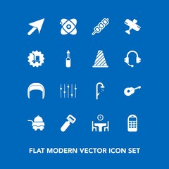 Modern, simple vector icon set on blue background with home, bed, cosmos, musical, barbecue, telephone, shower, dinner, potato, peeler, food, helmet, equipment, sign, space, bathroom, tool, meat icons