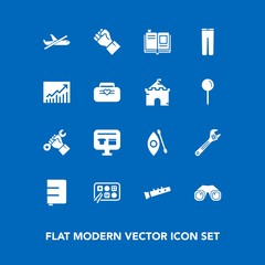 Modern, simple vector icon set on blue background with kayak, cart, river, spanner, hammer, book, hand, activity, sound, music, travel, airplane, notebook, musical, foreman, chinese, water, sale icons