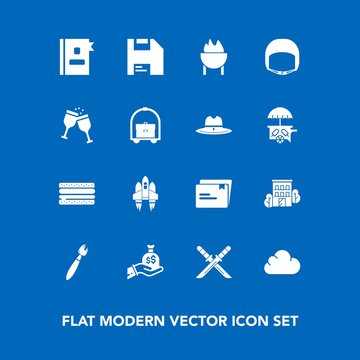 Modern, simple vector icon set on blue background with rocket, business, katana, paper, phone, craft, snack, barbecue, building, diskette, space, samurai, brush, cheeseburger, cloud, burger, bag icons