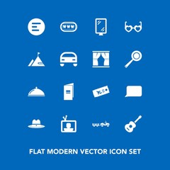 Modern, simple vector icon set on blue background with sign, button, restaurant, brochure, truck, musical, sheriff, texas, glasses, food, menu, technology, book, road, guitar, app, west, white icons