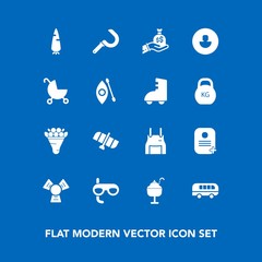 Modern, simple vector icon set on blue background with orbit, identity, chef, decoration, bag, apron, cold, cream, technology, sweet, floral, agriculture, sickle, uniform, dessert, flower, raw icons