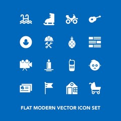 Modern, simple vector icon set on blue background with carriage, real, quad, building, document, stroller, report, light, equipment, america, stationary, pram, fire, projection, candle, flame icons