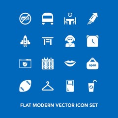 Modern, simple vector icon set on blue background with calendar, american, teeth, lips, healthy, air, bus, web, juice, sign, internet, stadium, girl, fresh, female, fashion, security, timetable icons