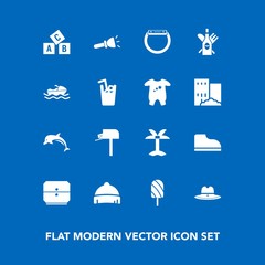 Modern, simple vector icon set on blue background with animal, dessert, lamp, nature, food, time, leaf, texas, watch, sheriff, clothing, alcohol, alphabet, wine, ice, smart, style, light, palm icons