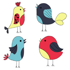 Cute hand drawn birds. Colorful birds collection. Isolated on white vector set.