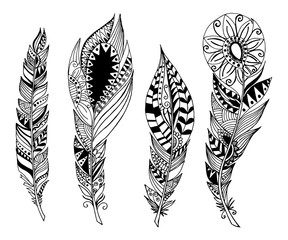 Mandala style feathers. Vector Set collection. Creative bohemian hipster concept for bridal, wedding invitation, card. Isolated on white background.