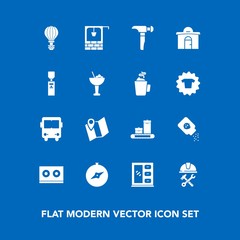 Modern, simple vector icon set on blue background with casette, interior, north, jump, house, cabinet, saw, construction, baby, bottle, map, transportation, home, location, pin, parachute, bus icons