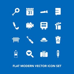 Modern, simple vector icon set on blue background with trash, recycle, box, brush, broom, flashlight, toy, present, recycling, health, care, clothes, sign, clean, fashion, gift, female, day, hat icons