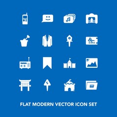 Modern, simple vector icon set on blue background with cell, image, suit, fire, chat, tower, home, music, sandbox, mobile, business, radio, face, photo, shrine, sign, architecture, vintage, play icons