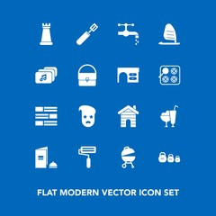 Modern, simple vector icon set on blue background with roller, book, real, dessert, graphic, white, roll, tap, grill, food, paper, kilogram, cream, weight, water, meat, sweet, business, strategy icons