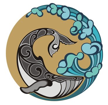 Whale logo.Big wave and sea fish 