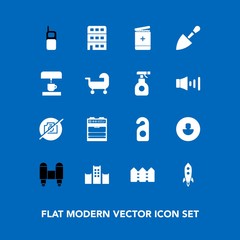 Modern, simple vector icon set on blue background with chemical, fence, photo, rocket, phone, communication, equipment, motel, kitchen, old, privacy, carriage, medical, architecture, space, bed icons