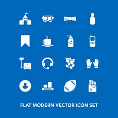 Modern, simple vector icon set on blue background with food, sea, equipment, flower, headphone, chair, stadium, business, bed, bow, sound, audio, blossom, ball, floral, water, american, table icons