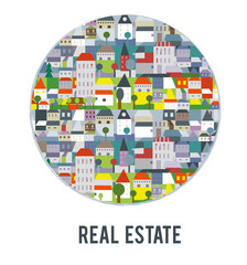 Poster with town buildings and landscape for the real estate agency, circled design. Vector graphic illustration
