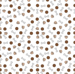 Cute seamless pattern with dog bone, paw print and ball, transparent background