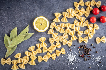 Food background Uncooked Pasta Macaroni Farfalle