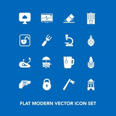 Modern, simple vector icon set on blue background with gun, eraser, heart, hammer, vegetable, cup, unlock, bicycle, erase, van, education, rubber, open, business, lock, real, cloud, fitness, ice icons