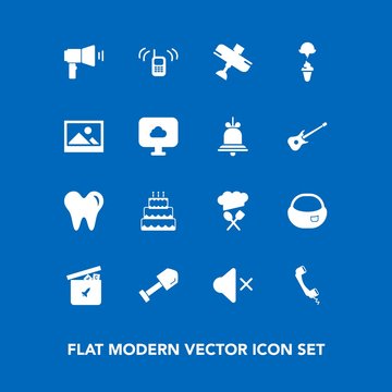 Modern, simple vector icon set on blue background with mute, tool, ball, play, school, white, flight, toy, object, shovel, food, cream, telephone, travel, machine, art, ice, background, backpack icons