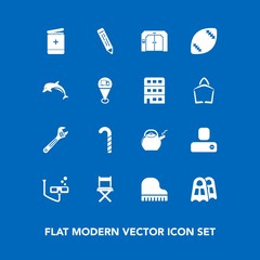Modern, simple vector icon set on blue background with sport, animal, bag, map, sweet, elevator, medicine, social, kitchen, equipment, ball, wrench, pen, human, food, stadium, spanner, water icons