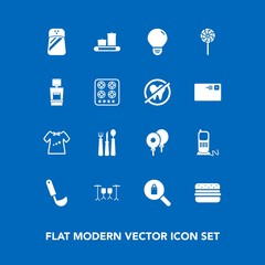 Modern, simple vector icon set on blue background with communication, cooking, child, clothing, spice, salt, drum, spoon, baby, stationary, sweet, food, fork, idea, female, business, hamburger icons