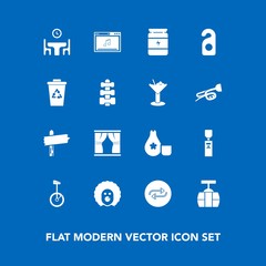 Modern, simple vector icon set on blue background with dinner, online, scary, label, clown, change, curtain, liquid, character, cuisine, train, replace, bike, motel, direction, substitute, way icons