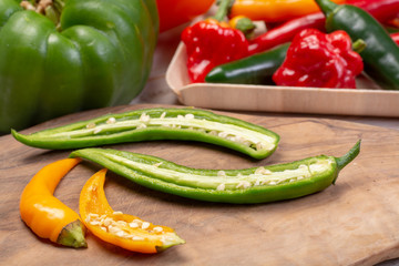Colorful fresh hot Mexican chili peppers in assortment