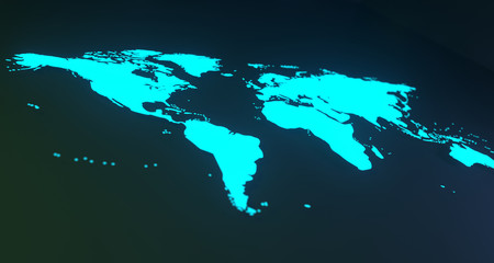 Blue Glowing World Map On Blurry Background.3D Rendering