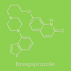 Brexpiprazole antipsychotic drug molecule. Skeletal formula.