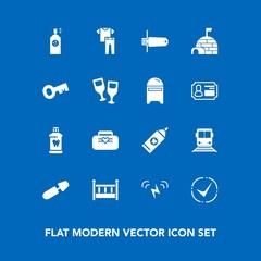 Modern, simple vector icon set on blue background with house, energy, sign, key, brush, wine, train, health, care, ice, check, shirt, bag, glass, style, paint, fashion, clean, hygiene, mascara icons