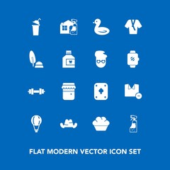 Modern, simple vector icon set on blue background with poker, beverage, bird, animal, black, fashion, game, man, fitness, sweet, honey, hat, calligraphy, shirt, pen, jam, wildlife, jar, ink, cup icons