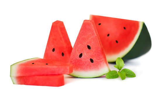 Slice and half of watermelon with mint leaf   isolated on a white background, close up. Summer concept. Fresh Watermelon fruit