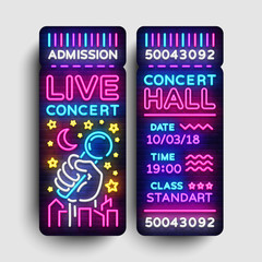 Concert Ticket Neon Vector. Concert Ticket Modern Trend Design, Invitation to Live Music, Neon Style, Light banner, Bright Festival advertisement, invitation to the concert. Vector illustration