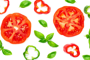 Seamless pattern with fresh vegetables, herbs and spices. Isolated on white background. Top view.