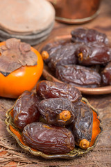 Traditional Middle East dessert, healthy food, big medjool dates fruits.