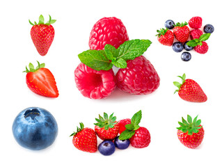 Fototapeta na wymiar Raspberry. Fresh Berries mix isolated on white background. Set of Ripe raspberries, strawberry and blueberries. Collection..
